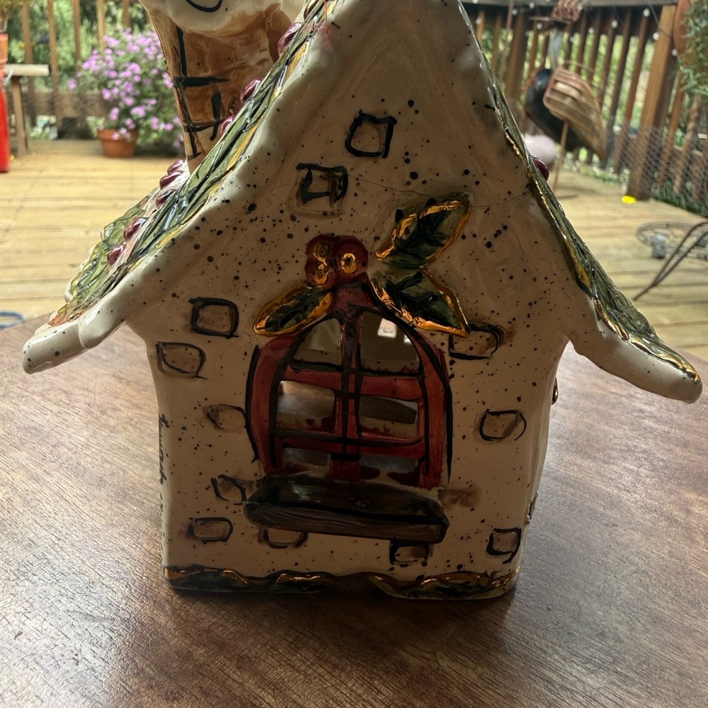 Ceramic Decorative House Sculpture in Cream with Red and Green Accents